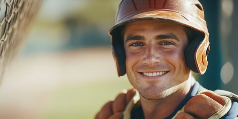The image showcases a jovial baseball player in uniform, smiling broadly and seemingly enjoying the game. He is leaning on a batting cage netting, suggesting he's waiting for his turn to bat or has