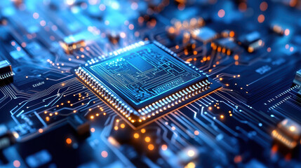 Cpu performing complex calculations on motherboard with glowing circuits