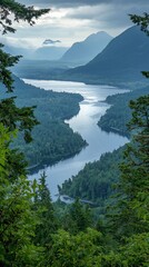 Obraz premium Serene mountain lake valley, overcast sky, tranquil nature scene, ideal for travel brochures