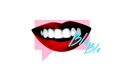 Abstract art collage. Loud Opinion. Close-up of lips inside pink speech bubble with Bla Bla written, visualizing constant speaking and debate. Concept of communication, sharing ideas and feedback.