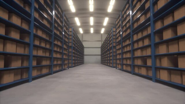 Retail warehouse full of shelves with goods in cardboard boxes. Logistics and Distribution concept. Dolly zoom walkthrough camera view