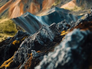 Obraz premium Awe-inspiring landscape showcasing a rugged mountain range with rocky outcrops and vivid, multicolored peaks that give off an otherworldly feel.