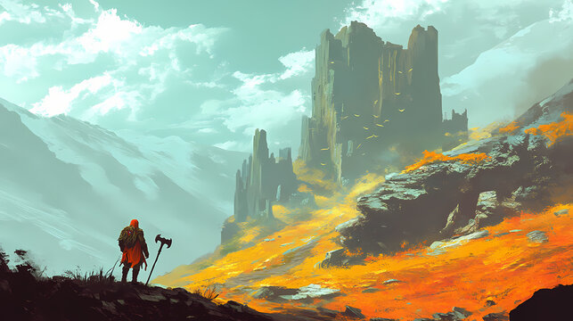 Fierce dwarven warrior with hammer in fantasy landscape. Fantasy Armory & Weapons. Illustration