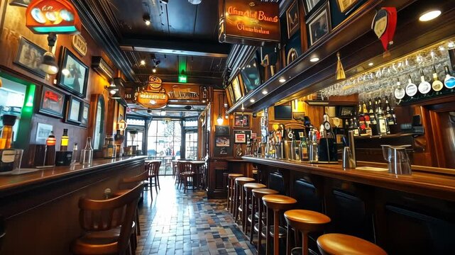Cozy atmospheric pub interior with vintage decor and empty bar stools set in warm ambient light