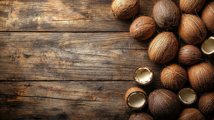 Coconuts on rustic wooden surface.