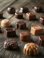 Assorted chocolates on rustic wooden surface.