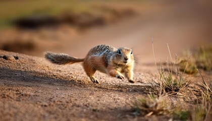 Naklejka premium Distressed European Ground Squirrel Darting through a Winter Landscape A Glimpse of Wildlife Resilience amidst Ruins