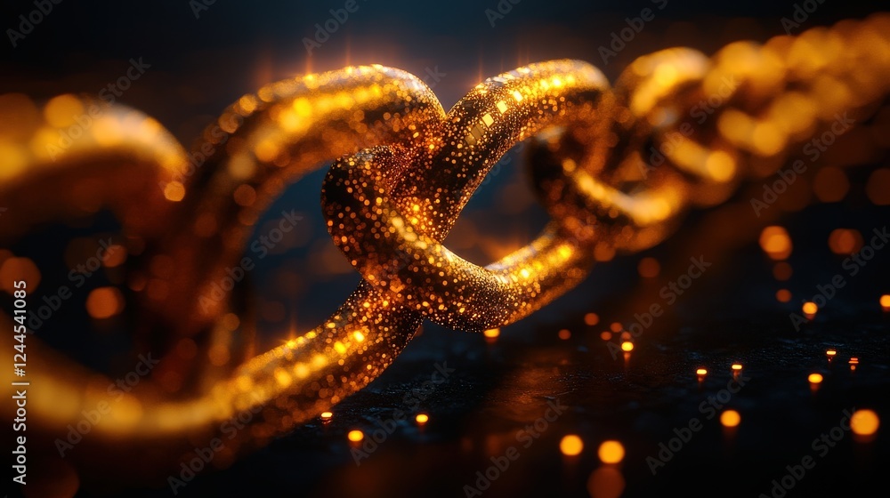 Poster close-up of a shimmering golden chain link with sparkling lights in a dark background