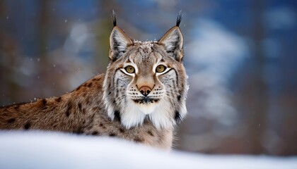Obraz premium Majestic European Lynx Frostily Braving Winters Bite, Set Against a Backdrop of Snowy Taiga Forest, Capturing the Wild Beauty and Resilience in a White Winter Wonderland.