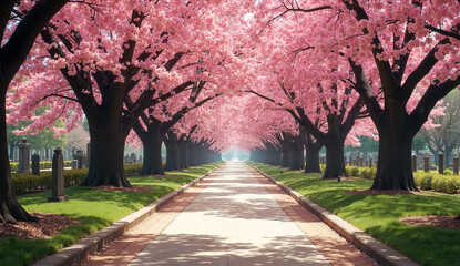 Road with blooming trees in spring