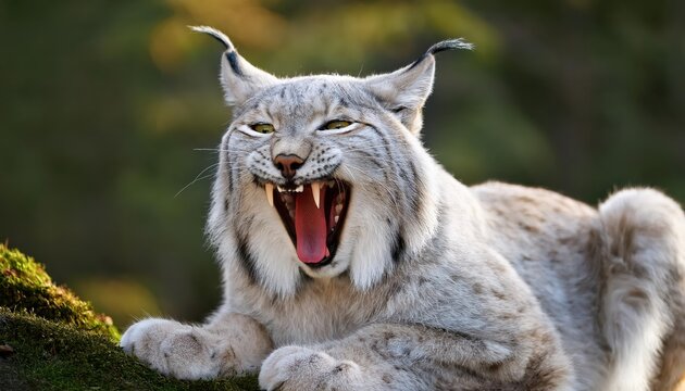 Elegant European Lynx in Repose CloseUp Portrait Showcases Felis Lynxs Majestic Stature and Intense, Amber Eyes, Captured in the Enchanting Forest Glow.