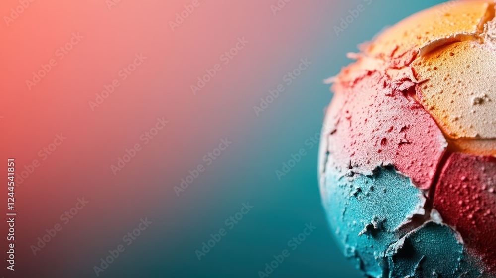 Poster an abstract artistic representation of a colorful soccer ball, emphasized by its intricate textures 