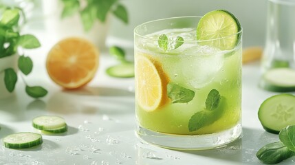 Fototapeta premium A refreshing mint and citrus drink filled with ice cubes, shedding light on the vibrant colors and textures of lime and orange slices, inspiring relaxation and rejuvenation.