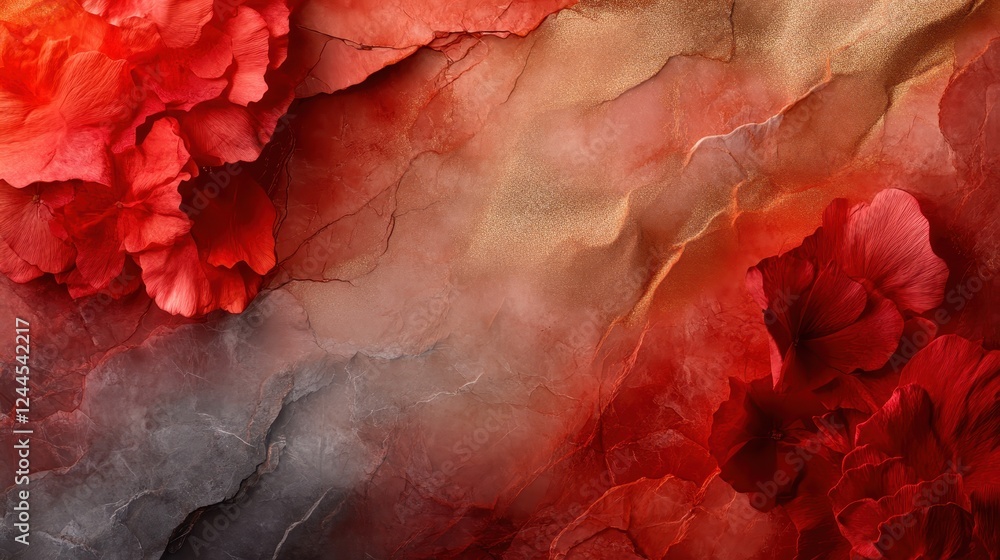 Poster an artistic representation blending deep red floral elements with hints of gold, portraying a luxuri