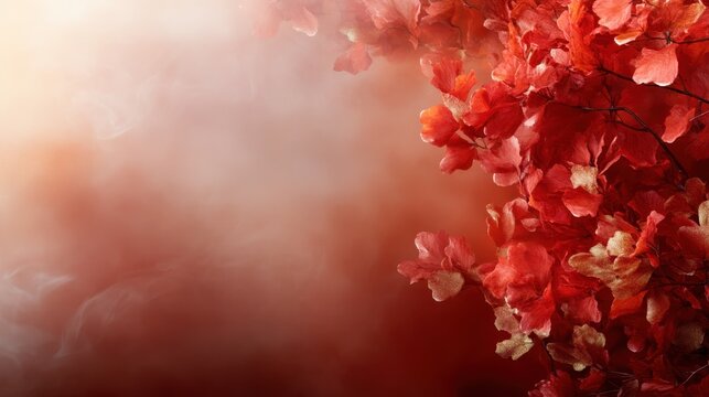 A stunning display of vibrant red florals emerging from a soft, foggy background, conveying a sense of allure and mystery in an artistic, modern composition.