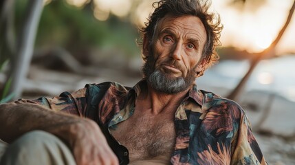 Obraz premium A weathered man sits peacefully at the ocean's edge, capturing a moment of reflection, highlighting the beauty of human resilience against nature's vastness.