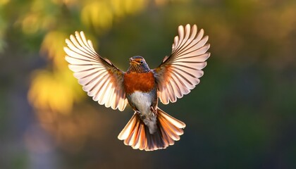 Naklejka premium Striking European Robin in Flight, Displaying a Flurry of Vibrant Red and White Feathers against a Backdrop of Lush Greenery and Blooming Wildflowers