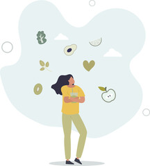 Vegan and natural, green diet eating lifestyle.Avoid meat elements and animal products in your meal with healthy alternative from vegetarian nutrition .flat characters.