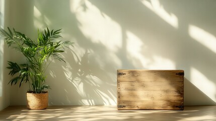A serene composition featuring a simplistic wooden box paired with lush green plants, highlighting the beauty of minimalism and nature in interior design.