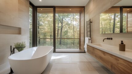 Fototapeta premium A chic bathroom with large glass windows overlooking a lush forest, allowing natural light to flood in and creating an inviting atmosphere for relaxation and peace.