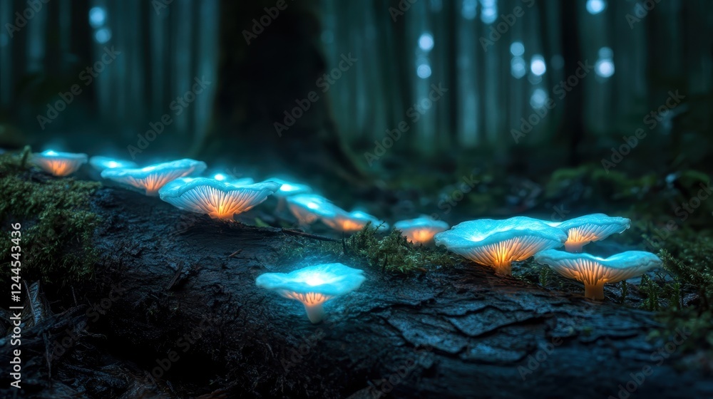 Poster a breathtaking image featuring glowing mushrooms in a dark forest, highlighting their luminescence a