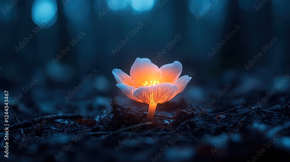 Poster a stunning image of a glowing flower amidst a dark forest, illuminating the surroundings, creating a