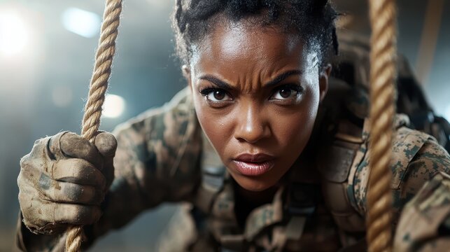 A woman soldier exhibits intense concentration and physical prowess while climbing a rope, symbolizing determination and commitment in military training scenarios.
