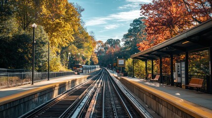 Autumnal Train Station View with Vibrant Foliage and Tracks