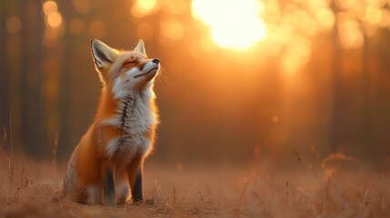 Obraz premium This captivating image showcases a fox basking in a beautiful sunset, highlighting its vibrant fur against the backdrop of golden light in a serene forest setting.