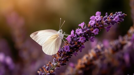 Naklejka premium A butterfly rests on vibrant lavender flowers, capturing a moment of nature's serene beauty that inspires a sense of calm and connection to the natural world.