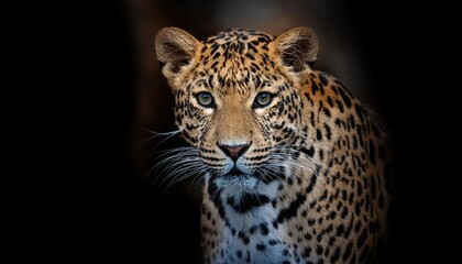 Striking African Leopard in Extreme Closeup, Capturing Intense Gaze and Majestic Beauty of the Wild, Showcasing Vibrant Eye Color and Whiskered Detail, Perfect for Digital Art, Home Decor, or