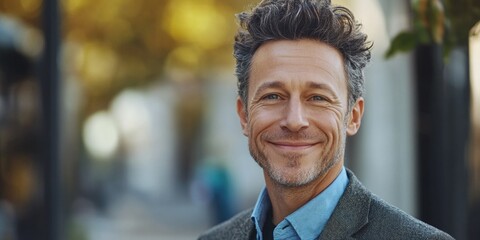 A smiling man with a beard, mustache, and glasses. He has short hair and is wearing a patterned shirt with a tie. The background suggests an outdoor urban setting.