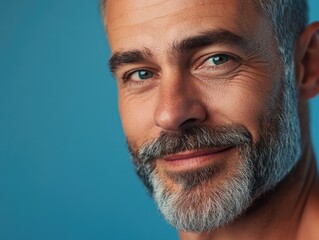 Obraz premium A mature adult male with a full gray beard, smiling broadly and looking directly at the camera. He has short silver hair, a well-groomed mustache, and appears to be in his late fifties or sixties.