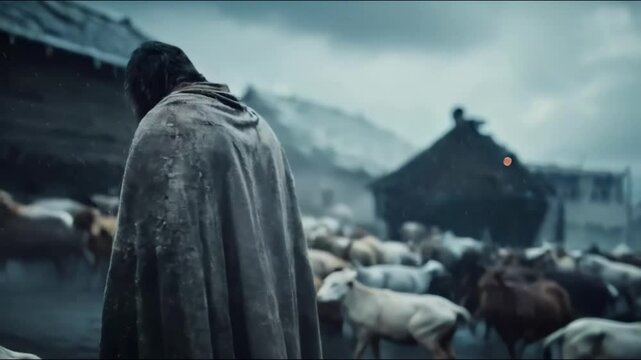 The Great Flood: Noah Builds the Ark, Surrounded by Animals and a Stormy Sky
