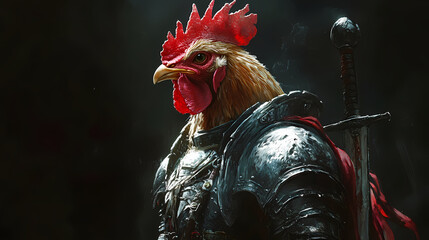 A chicken dressed as a medieval warrior stands strong, donning full metal armor, surrounded by a blend of light and shadow conveying heroic fantasy themes. Fantasy Armory & Weapons. Illustration