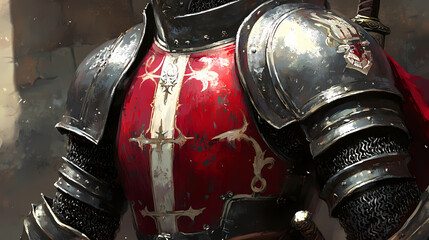 A close-up of a medieval knight in armor. Fantasy Armory & Weapons. Illustration