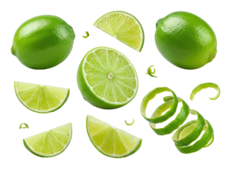 Fresh green limes sliced and whole, with lime peels arranged on transparent background
