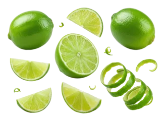 Fotobehang Fresh green limes sliced and whole, with lime peels arranged on transparent background © Tati