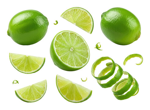 Fresh green limes sliced and whole, with lime peels arranged on transparent background