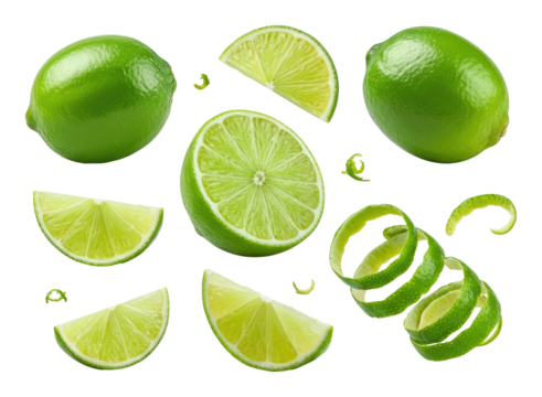 Fresh green limes sliced and whole, with lime peels arranged on transparent background