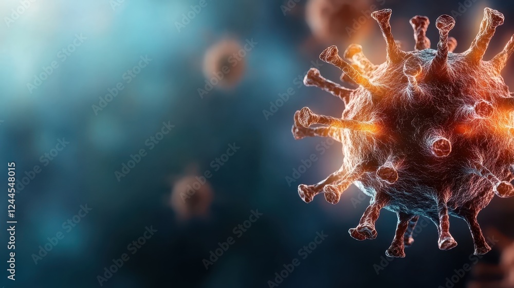 Poster an artistic representation of a virus depicted at a microscopic level, showcasing intricate structur