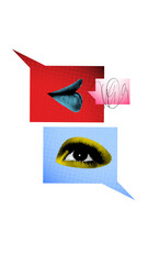 Abstract art collage. Lips and eyes in speech bubbles convey exchange of words and emotions,...