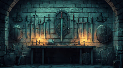 A dark medieval armory with rusted swords, heavy shields, and old suits of armor hanging on the stone walls as shadows flicker in the torchlight. Fantasy Armory & Weapons. Illustration