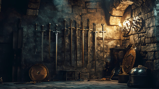 A dark medieval armory with rusted swords, heavy shields, and old suits of armor hanging on the stone walls as shadows flicker in the torchlight. Fantasy Armory & Weapons. Illustration