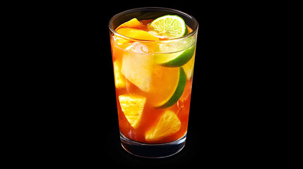 A chilled glass of fruit punch with floating slices of orange, pineapple, and lime.