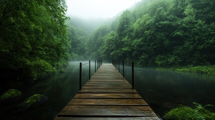 A tranquil wooden pier extends over still waters, embraced by lush greenery and a hazy atmosphere, evoking a sense of peace and connection with nature.