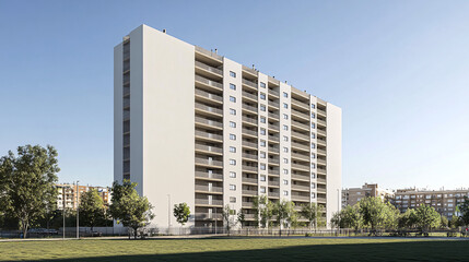 a modern residential high-rise with a sleek white exterior surrounded by green spaces and trees under a bright clear sky in a developed urban area
