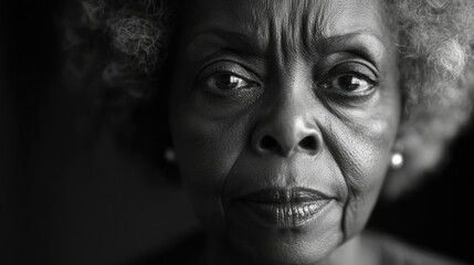 Fototapeta premium A powerful portrait of an elderly woman, captured in black and white. Her gaze is intense, reflecting a lifetime of wisdom and experience. The depth of field adds to the intimate feel of this image,