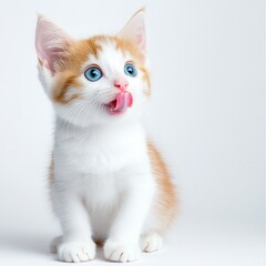 Obraz premium Captivating close-up of a playful kitten's curious expression while licking its lips against a clean white background. Generative AI