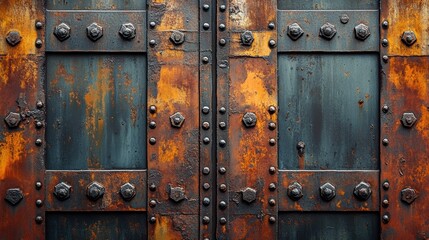Fototapeta premium A close-up of a weathered, rusted metal door with decorative bolts.
